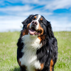 Bernese mountain dog sitting in the grass, cute pet animal concept