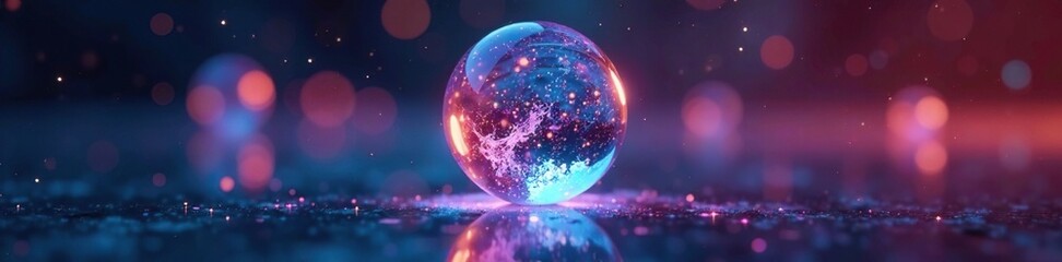 Ethereal glow swirls around a glass sphere on mirror surface, glowing orb, , swirling lights