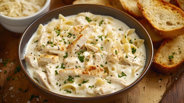 A bowl of creamy chicken alfredo pasta with garlic