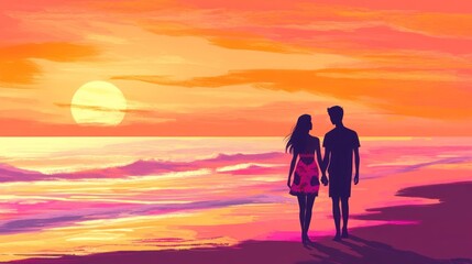 Fototapeta premium Couple holding hands, watching sunset on beach.