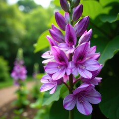 Fleur de glycine violacee pendue au fil d'un ruban bleu, garden flowers, tie back