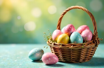 Easter eggs in basket with flowers. Blurred background. Copy space.