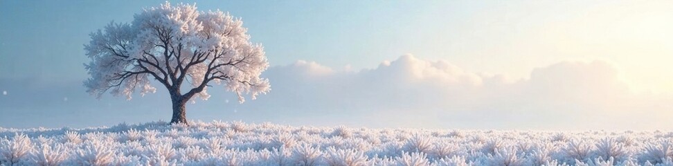 Frosty morning with frost-covered tree and snowy field, frosty morning, bare, nature