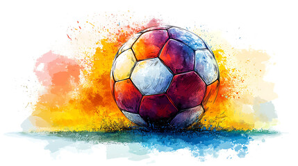 Colorful watercolor soccer ball on field.