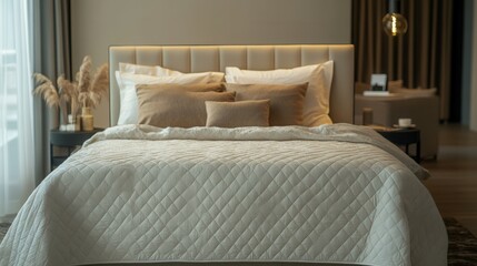 Elegant quilted bedspread in luxurious bedroom setting for interior design inspiration.