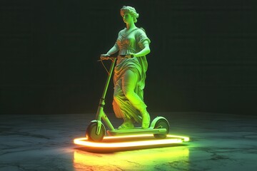 Greek statue on electric scooter in minimalist setting with neon lights.
