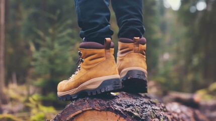 Closeup of Hiking Boots on a Log in the Forest