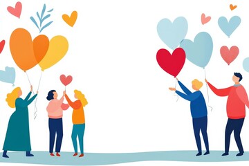 Two families holding heart-shaped balloons, sharing moments of joy, love, and togetherness on a bright, minimalist background.
