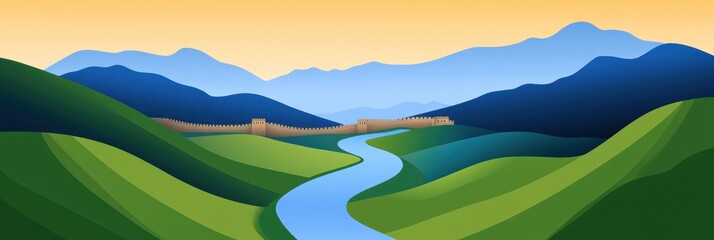 Obraz premium Minimalist landscape, rolling hills, mountain silhouettes, winding river, golden sunset sky, geometric shapes, earth tones, peaceful scenery, vector art style, flat design, panoramic view, nature illu