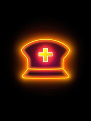 Fototapeta premium Neon yellow outline of nurse cap logo with glowing cross symbol for healthcare design.