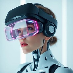 Cybernetic Woman: Futuristic Headset with Pink Glow