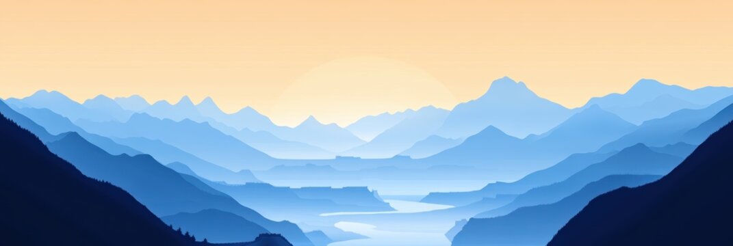 Minimalist landscape, rolling hills, mountain silhouettes, winding river, golden sunset sky, geometric shapes, earth tones, peaceful scenery, vector art style, flat design, panoramic view, nature illu