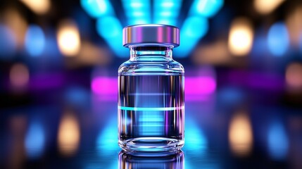 Transparent glass vial against a vibrant neon background with blue and pink lights.