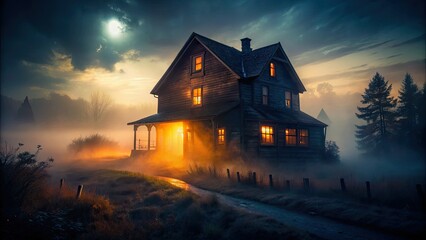 Spooky mansion shrouded in eerie fog, single light piercing the night's long exposure.