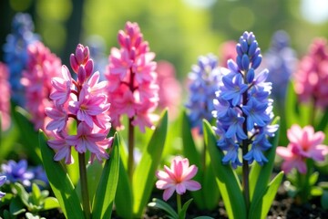 Hyacinths sway gently in the breeze amidst lush greenery, flowers, blooming