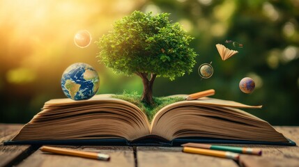 A lush green tree sprouts from an open book, symbolizing environmental knowledge and planetary conservation.  Earth and planets float nearby.