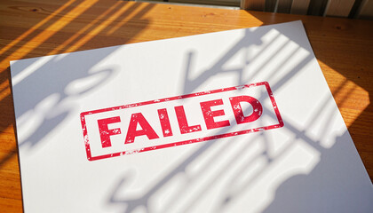 Red "FAILED" stamp on exam paper in sunlight, academic setback