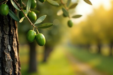 Olive branches with green olives and olive grains on a tree trunk in autumn, autumn, landscape, seasonal