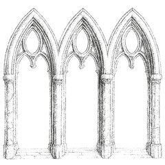 Arch, window, door of building, ancient medieval church with Gothic style. Fine stippled effect. dot effect. Vintage look. Quality resource for any project. 
