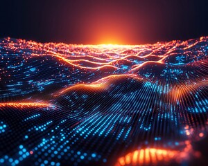 Abstract digital landscape with glowing particles and waves.
