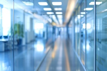 Fototapeta premium Modern Office Hallway with Bright Lighting, Glass Walls, and a Clean, Minimalist Design.