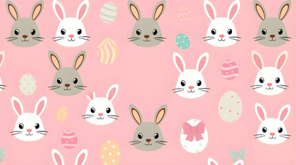 Fototapeta premium Easter bunny seamless pattern, cute rabbit print, cartoon head animal, face baby bunnies, spring character on background Cute bunny rabbit pattern background seamless Easter pattern of bunny