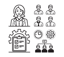 Black and white People icon set in flat style. Line icon set. Management line icons. Line Business People. Human resources. office management. 