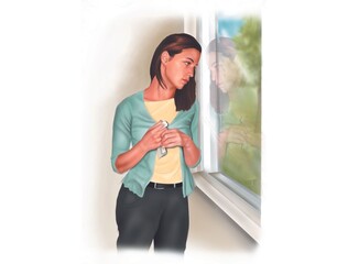 illustration of depressed woman looking out the window -holding tissue