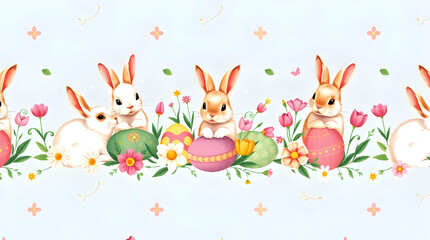 Obraz premium Easter bunny seamless pattern, cute rabbit print, cartoon head animal, face baby bunnies, spring character on background Cute bunny rabbit pattern background seamless Easter pattern of bunny