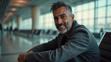 Obraz premium Man with gray hair is sitting on a chair in an airport