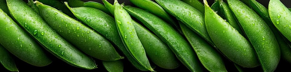 Freshly harvested green peas glistening with water droplets on a black background