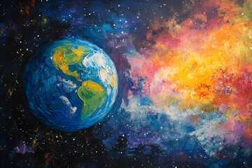 Naklejka premium Vivid artistic representation of Earth surrounded by colorful cosmic space and galaxies 