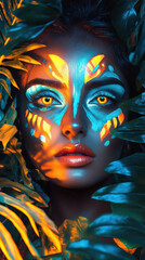 Surreal Neon and Jungle-Themed Tribal Beauty