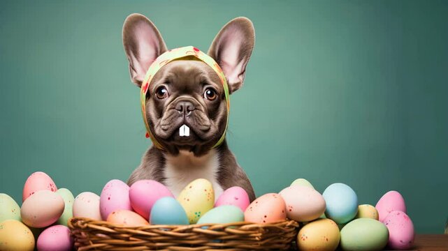dog dressed as a bunny with teeth and ears surrounded by easter eggs. Happy easter