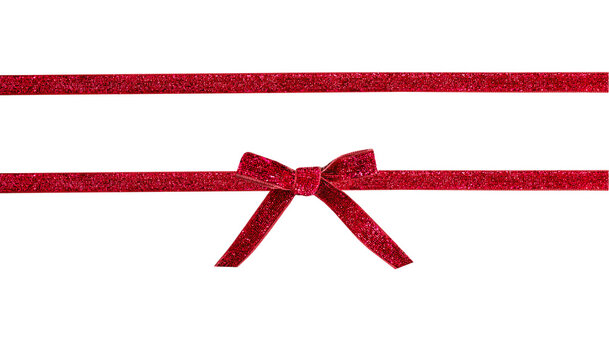 Red glitter bow and ribbon isolated on white. Gift box decor, Christmas design element. Wrap decoration. Valentine's day decoration object.