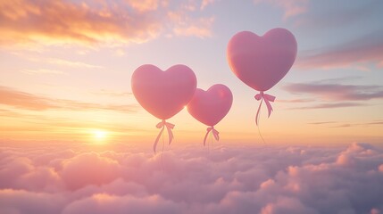 Fototapeta premium Three heart-shaped balloons floating above the clouds at sunset.