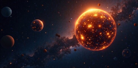 Shimmering golden ball suspended in a dark space filled with stars and planets, ball, vast