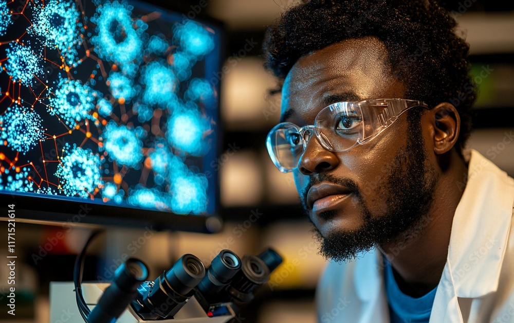 Poster focused scientist examining microscopic data on computer screen.