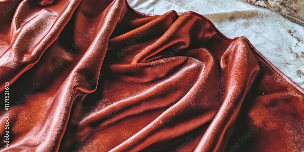 Poster close-up view of red velvet fabric showcasing elegant folds that form soft heart shapes with a smoot
