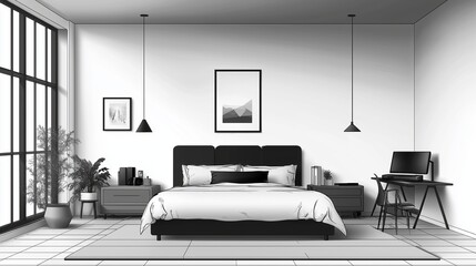 Bedroom interior illustration. Black and white furniture