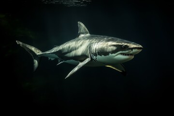 Fototapeta premium A large shark is swimming in the dark water. The shark is black and white with a large mouth