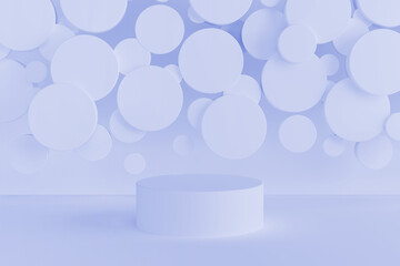 Light violet round podium on abstract stage mockup - flying soft shining circles decor. Template 3D illustration gentle airy geometric scene for presentation cosmetic, goods, advertising,  design.