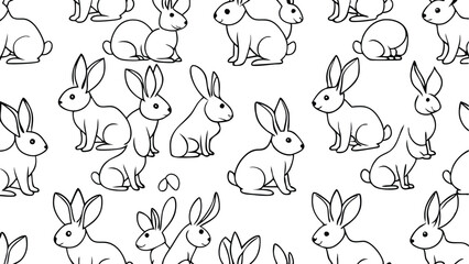 Seamless bunny pattern. Black and white wild bunnies in different position