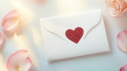 A romantic envelope with a heart-shaped decoration on petals, symbolizing love.