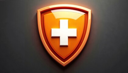 Obraz premium Polished orange shield icon with white cross symbolizing safety and healthcare