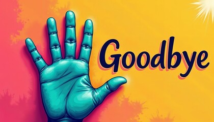 'Goodbye' waving hand illustration in vibrant digital art style