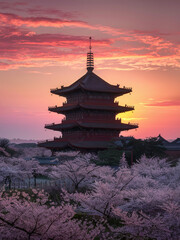 Obraz premium A Chinese pagoda surrounded by the warm tones of a sunset sky. 