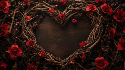 A heart-shaped arrangement of red roses and twigs on a dark wooden background.
