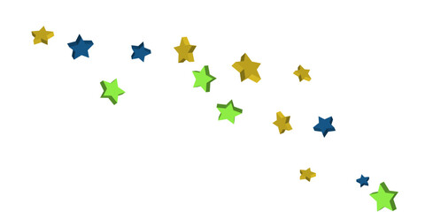 Volumetric blue, yellow and green stars are scattered on a white background. Festive background