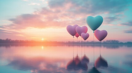 Fototapeta premium Colorful heart-shaped balloons floating over a serene lake at sunset.